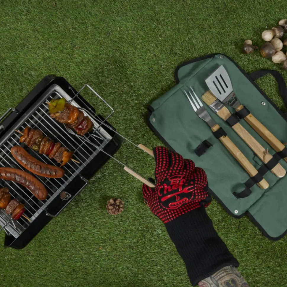 PARIS PRIX - Gant anti chaleur "barbecue" 32cm rouge & noir
