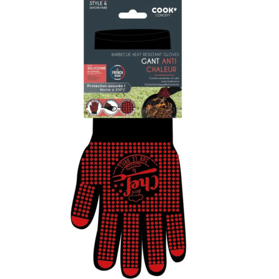 PARIS PRIX - Gant anti chaleur "barbecue" 32cm rouge & noir