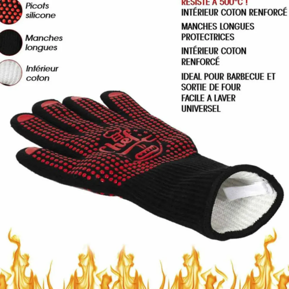 PARIS PRIX - Gant anti-chaleur "barbecue" 32cm noir & rouge
