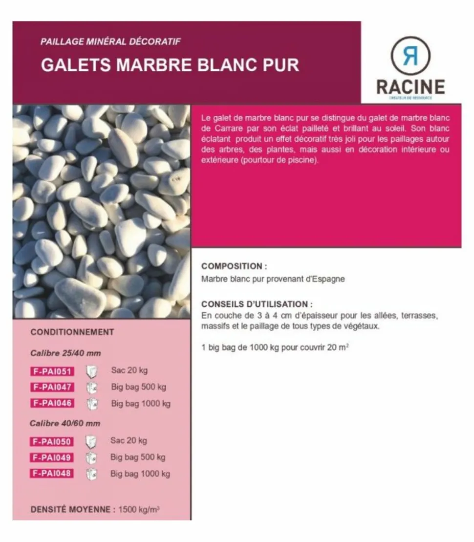 RACINE - Galet marbre blanc pur 25-40mm, 10 filets de 20 kg - f-pai051-10x20
