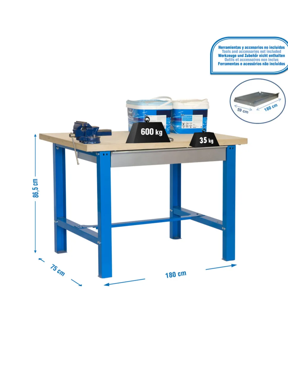 SIMONRACK - Etabli simonwork bt6l mdf 1box 1800x750 bleu/bois - 865x1800x750 600kg - simonrack
