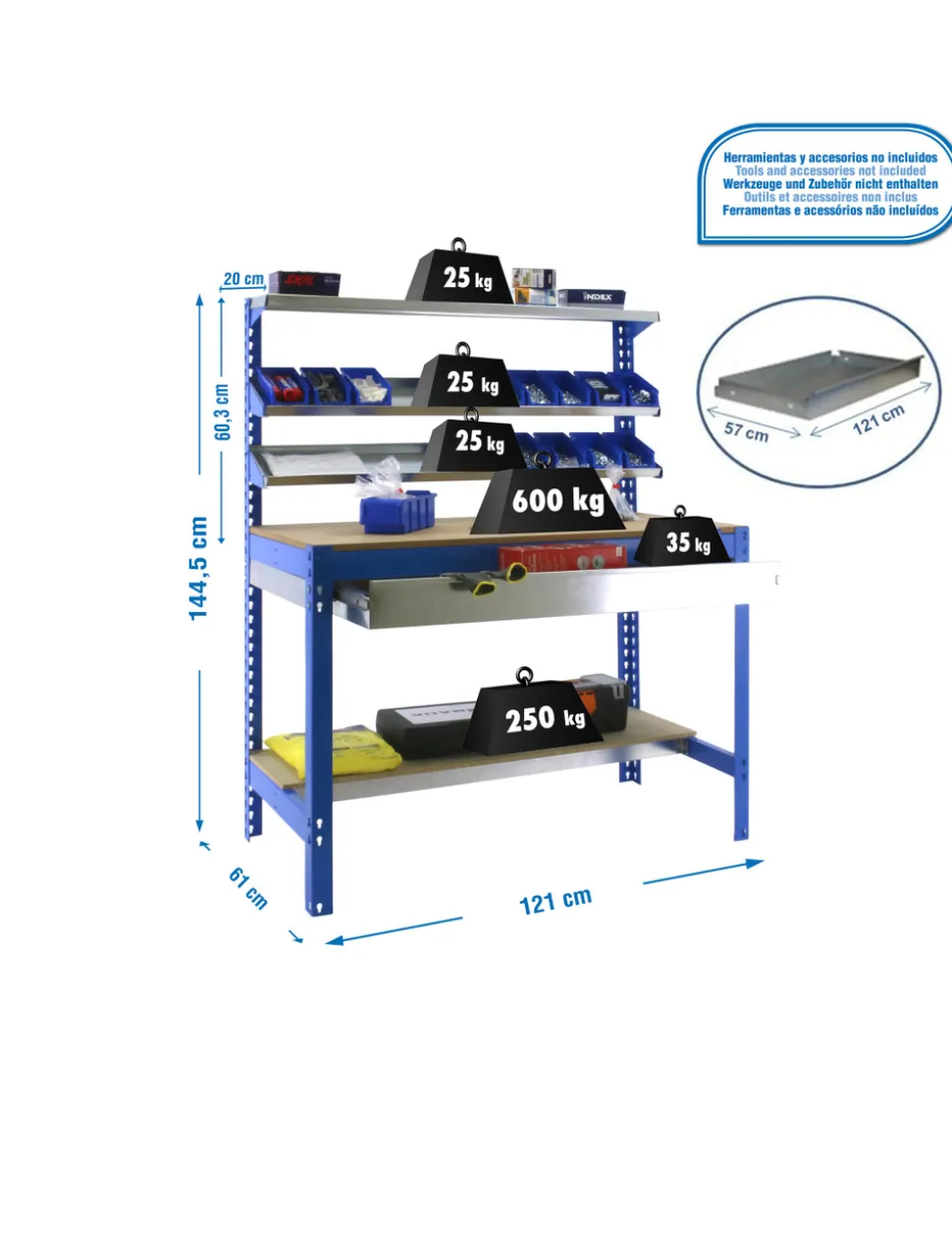 SIMONRACK - Etagère basse banc de travail simonwork bt1 box 1200 bleu/bois - 1445x1210x610 600kg - simonrack