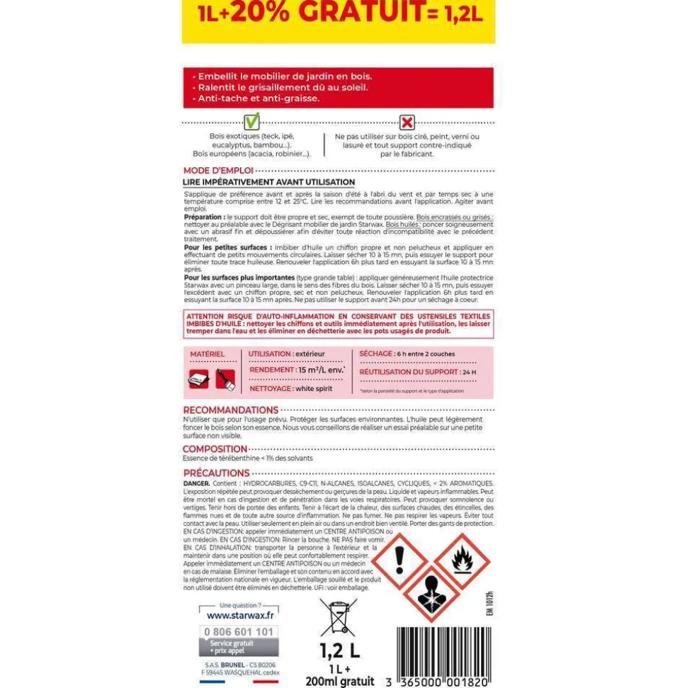 STARWAX - Huile haute protection pour mobilier de jardin en bois 1L +20%