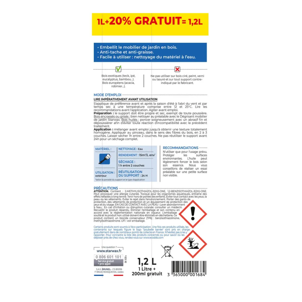 STARWAX - Huile protectrice incolore pour mobilier de jardin en bois 1L+20%