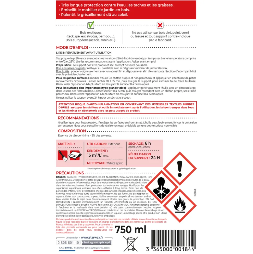 STARWAX - Huile ultra protectrice mobilier de jardin en bois 750ML