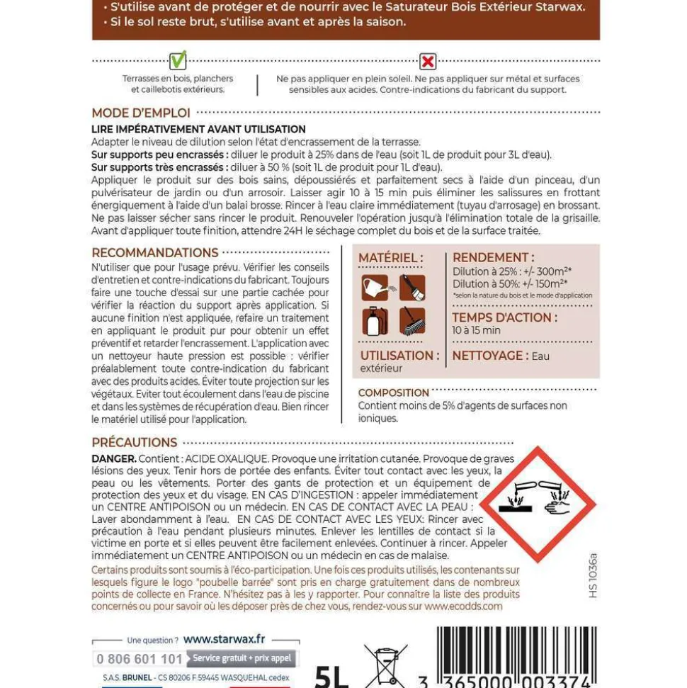 STARWAX - Produit dégrisant pour terrasse : 5 L