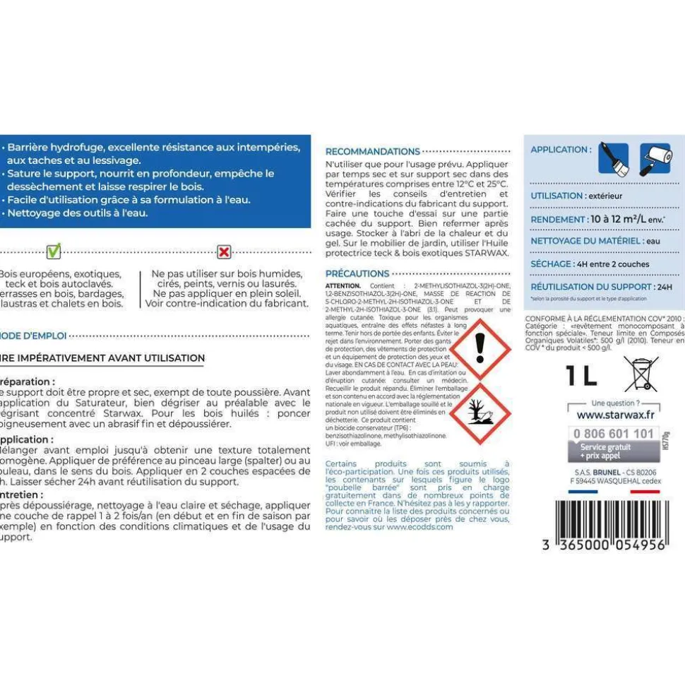 STARWAX - Saturateur en phase aqueuse pour bois coloris Teck 1L