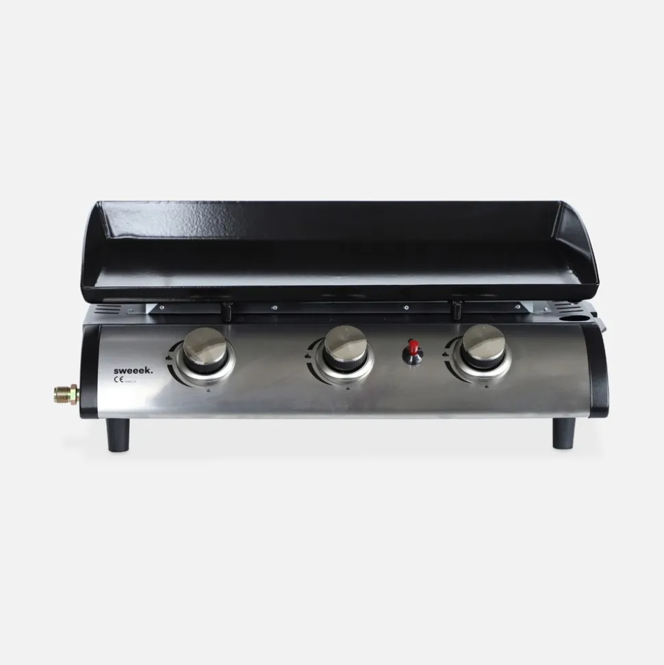 SWEEEK - Plancha au gaz 3 feux - porthos 3 brûleurs - 7.5 kw. Barbecue. Cuisine extérieure. Grande plaque émaillée. Inox