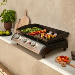 SWEEEK - Plancha au gaz 3 feux - porthos 3 brûleurs - 7.5 kw. Barbecue. Cuisine extérieure. Grande plaque émaillée. Inox