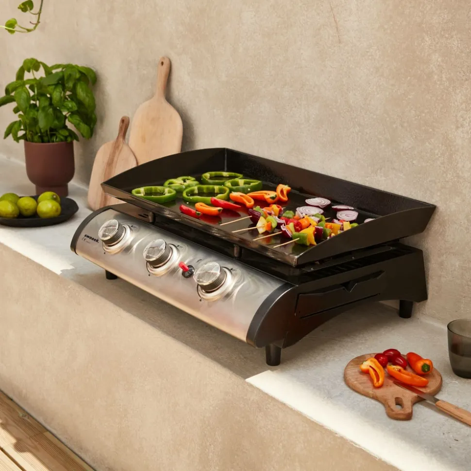 SWEEEK - Plancha au gaz 3 feux - porthos 3 brûleurs - 7.5 kw. Barbecue. Cuisine extérieure. Grande plaque émaillée. Inox