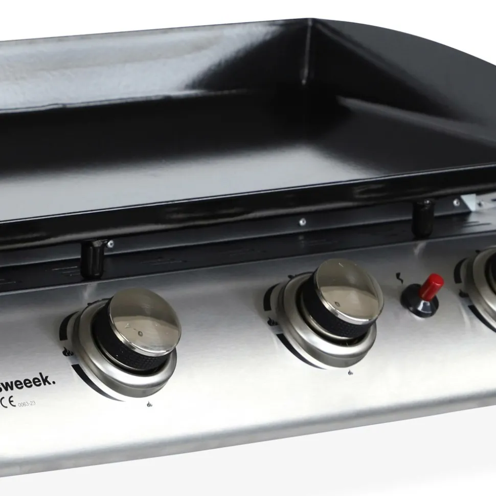 SWEEEK - Plancha au gaz 3 feux - porthos 3 brûleurs - 7.5 kw. Barbecue. Cuisine extérieure. Grande plaque émaillée. Inox