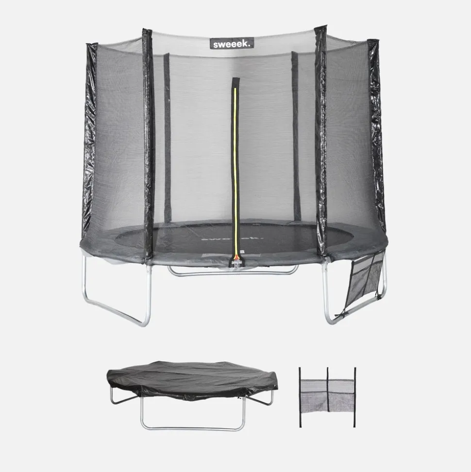 SWEEEK - Trampoline 250 cm. Gris. Avec filet de protection. Bâche. Filet pour chaussures. Kit d鈥檃ncrage