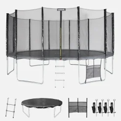 SWEEEK - Trampoline 490cm gris avec filet de protection. Échelle. Bâche. Filet pour chaussures. Kit d'ancrage