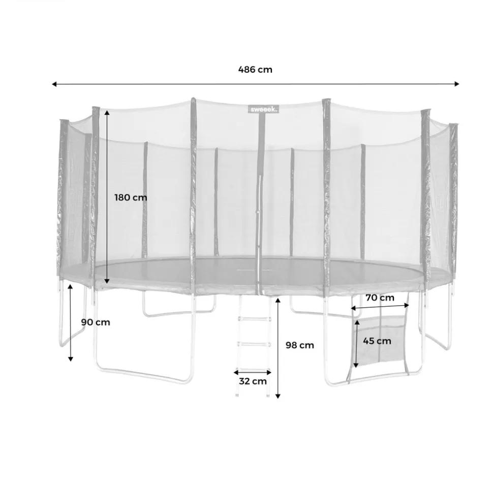 SWEEEK - Trampoline 490cm gris avec filet de protection. Échelle. Bâche. Filet pour chaussures. Kit d'ancrage