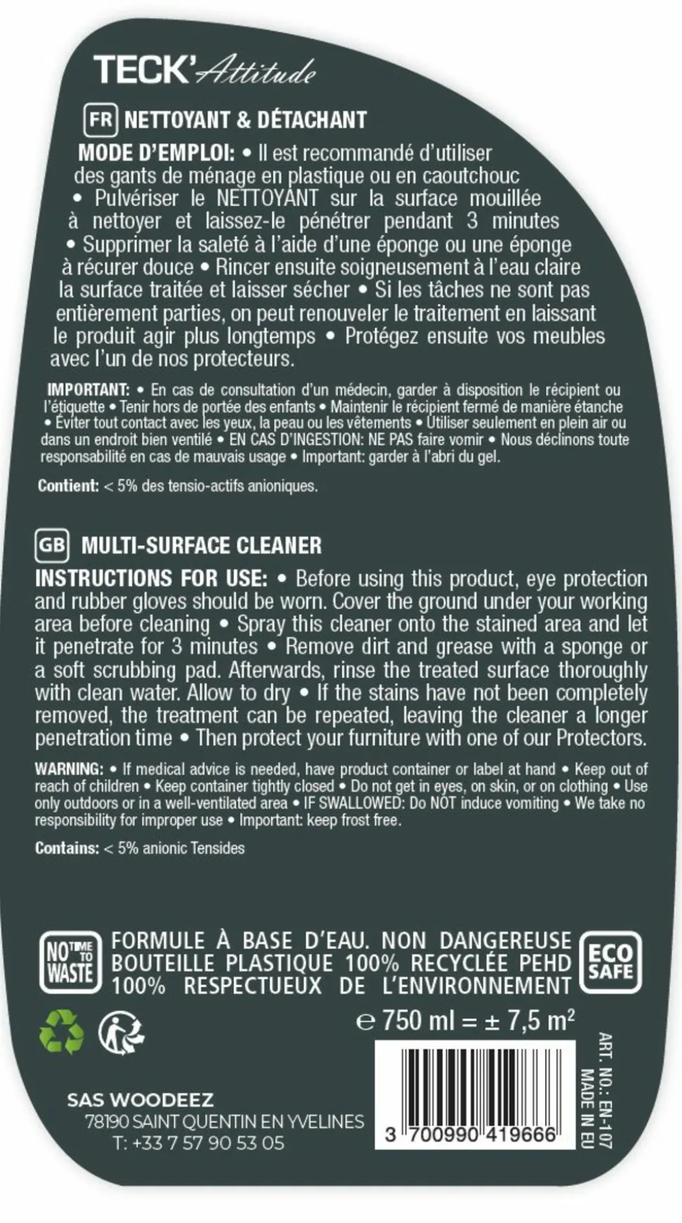 TECK'ATTITUDE - Nettoyant multi-surfaces 750 ml