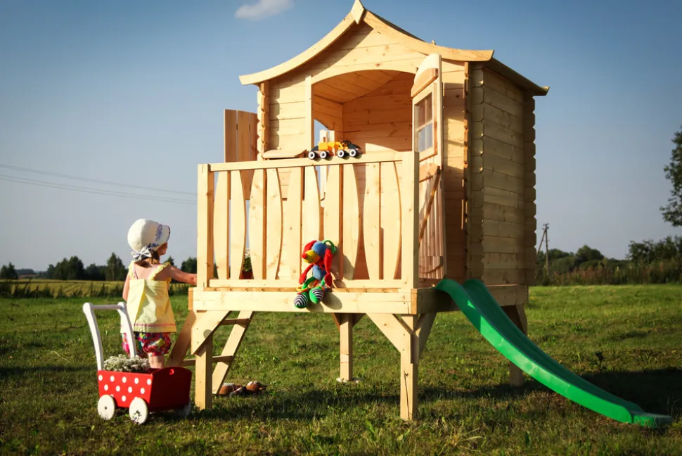 TIMBELA - Maisonnette en bois avec toboggan 1.1 m2 - 175 x 146 x h212 cm - maison jardin enfant exterieur bois - M550A