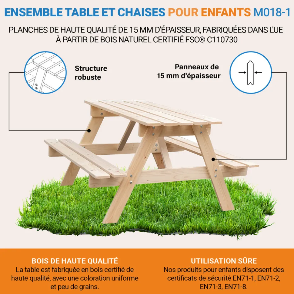 TIMBELA - Table enfant en bois – table et chaise enfant - 90x90xh50 cm - M018-1
