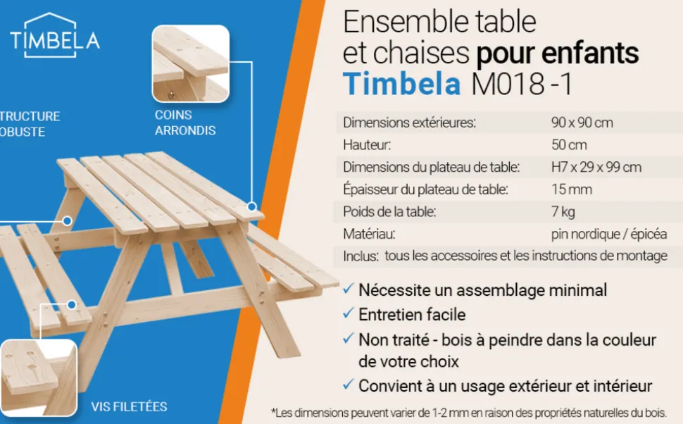 TIMBELA - Table enfant en bois – table et chaise enfant - 90x90xh50 cm - M018-1