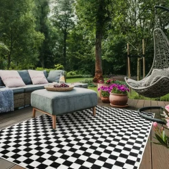 UNAMOURDETAPIS - Tapis extérieur, kilim reversible 200x290 motif damier lyn2 x reversible noir et blanc