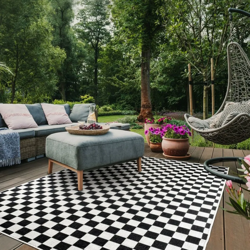 UNAMOURDETAPIS - Tapis extérieur, kilim reversible 200x290 motif damier lyn2 x reversible noir et blanc