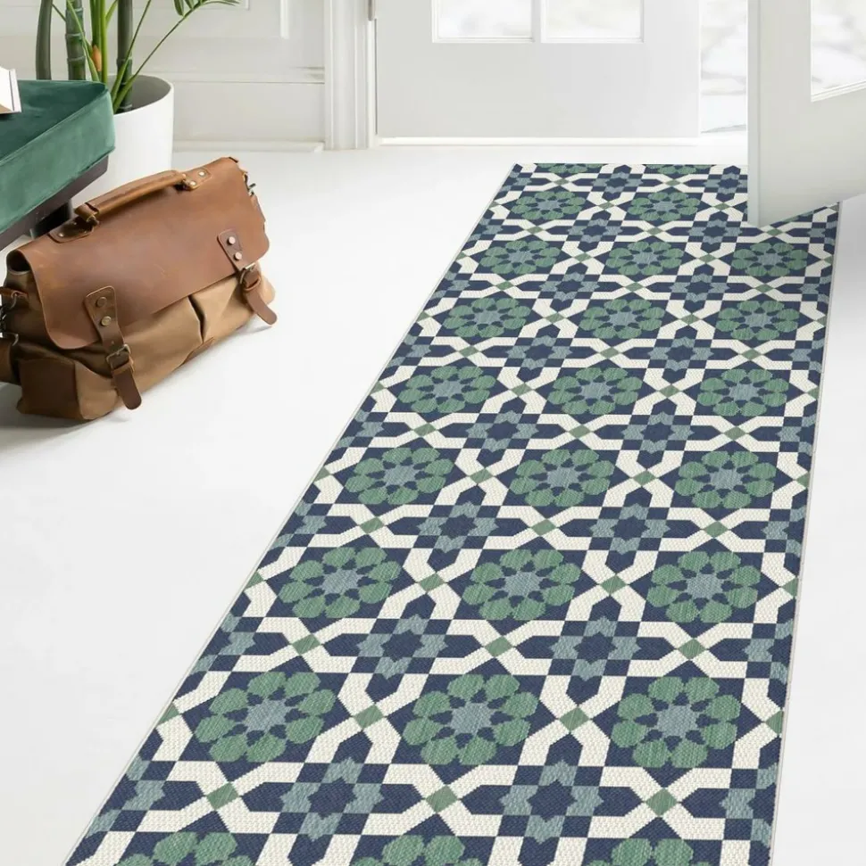UNAMOURDETAPIS - Tapis extérieur 80x200 tissé kilim vert et bleu casada 14