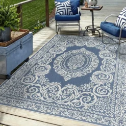 UNAMOURDETAPIS - Tapis extérieur, kilim reversible 200x290 lyn2 o reversible bleu et blanc