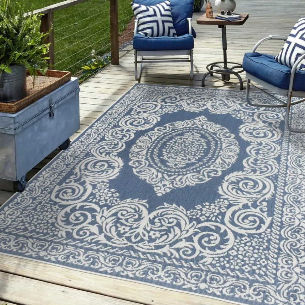 UNAMOURDETAPIS - Tapis extérieur, kilim reversible 200x290 lyn2 o reversible bleu et blanc
