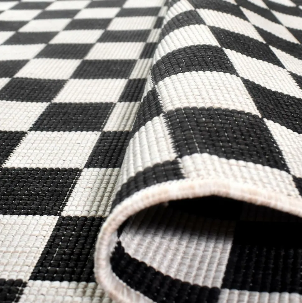 UNAMOURDETAPIS - Tapis extérieur, kilim reversible 120x170 motif damier a reversible noir et blanc