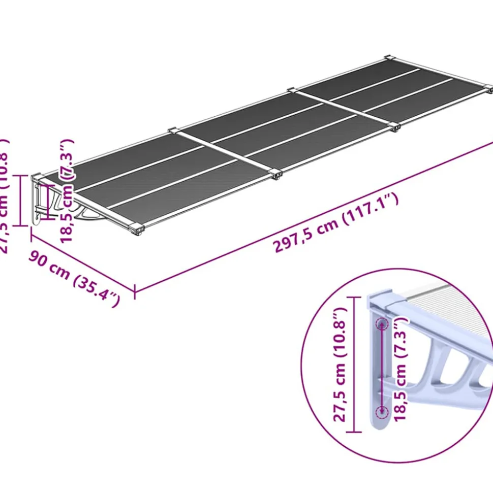 VIDAXL - Auvent de porte gris et transparent 297,5x90 cm polycarbonate