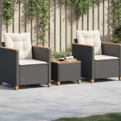 VIDAXL - Ensemble de bistro 3 pcs et coussins noir résine tressée acacia
