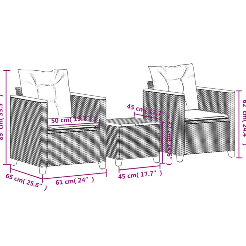 VIDAXL - Ensemble de bistro 3 pcs et coussins noir résine tressée acacia