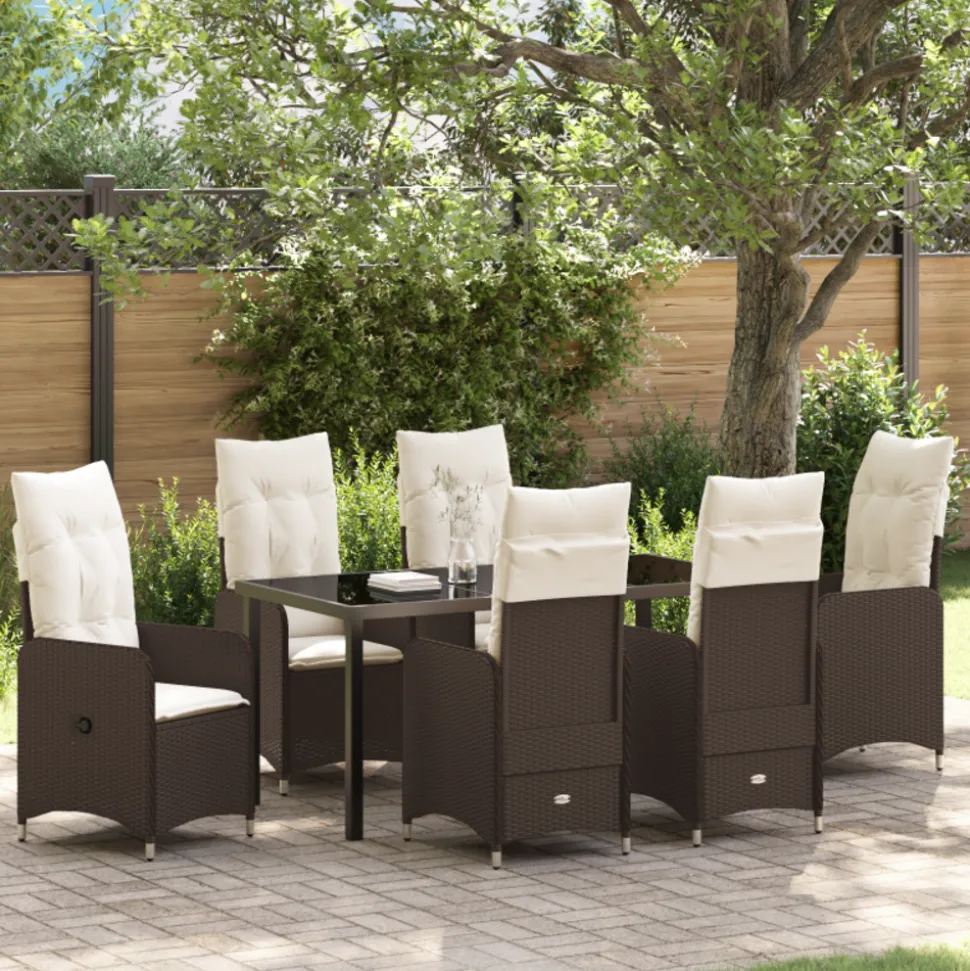VIDAXL - Ensemble de jardin 7 pièces avec coussins marron poly rattan