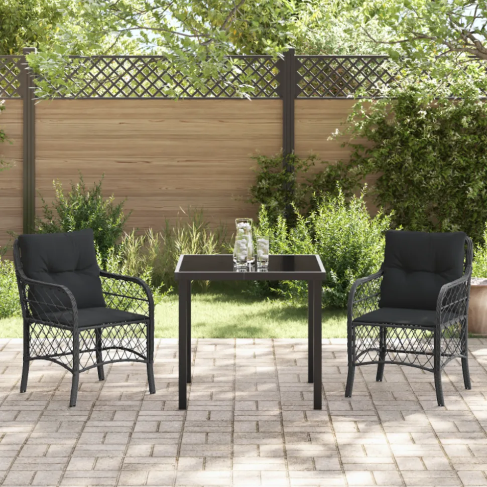 VIDAXL - Ensemble de salle à manger de jardin de 3 pièces avec coussins noir poly rattan