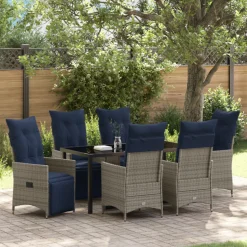 VIDAXL - Ensemble de salle à manger de jardin de 7 pièces avec coussins en rattan poly gris, table de jardin noire 160x80x73 cm en verre