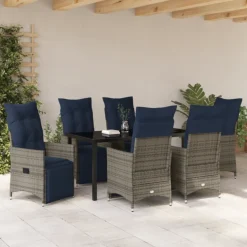 VIDAXL - Ensemble de salle à manger de jardin de 7 pièces avec coussins en rattan poly gris, table de jardin noire 160x80x73 cm en verre