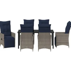 VIDAXL - Ensemble de salle à manger de jardin de 7 pièces avec coussins en rattan poly gris, table de jardin noire 160x80x73 cm en verre