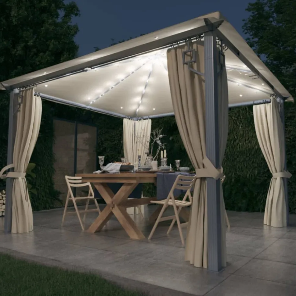 VIDAXL - Tonnelle avec rideau et lumières led 3x3 m crème aluminium