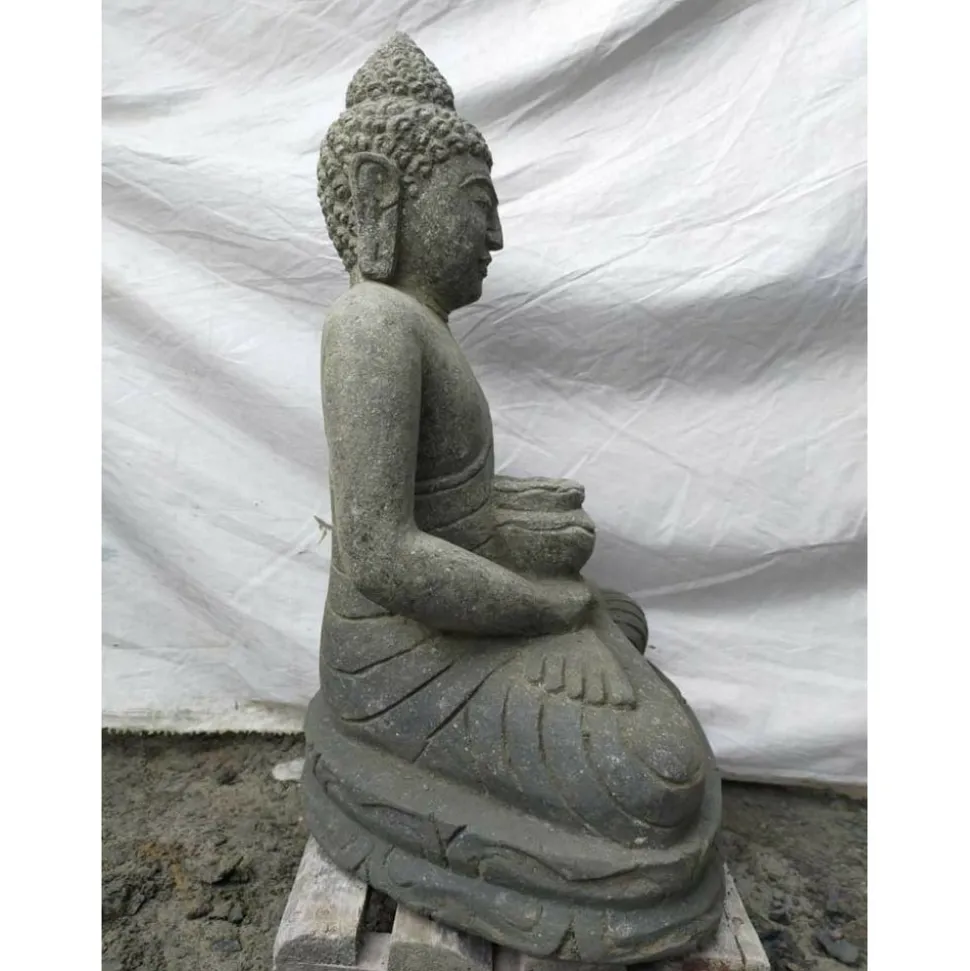 WANDA COLLECTION - Statue d'extérieur zen bouddha pierre volcanique position offrande 50 cm